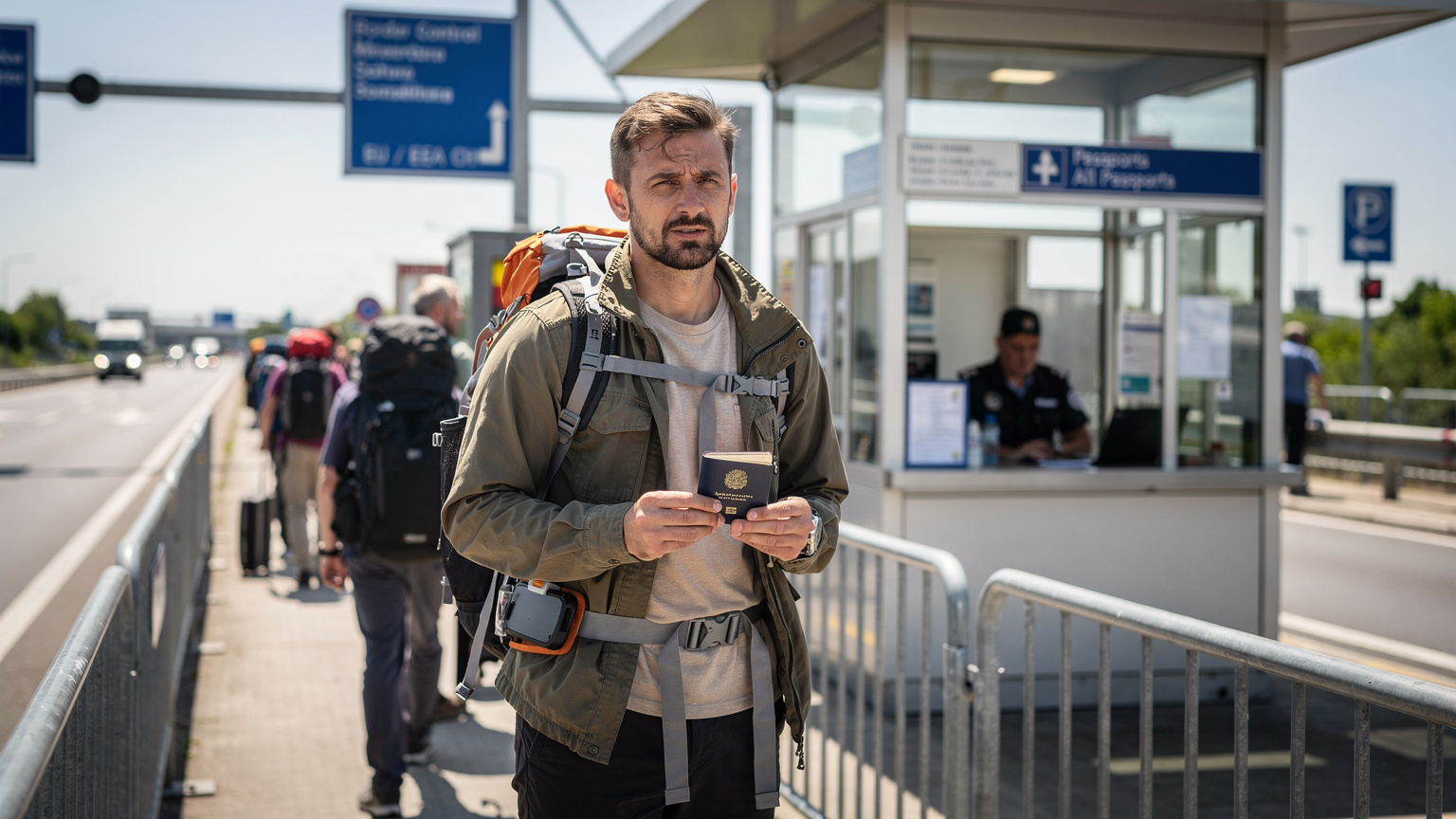 Cestovatel s batohem a pasem v ruce stojí před hraniční kontrolou na evropském hraničním přechodu, s výrazem mírné nejistoty, ale s funkčním telefonem v kapse, připraveným na data.