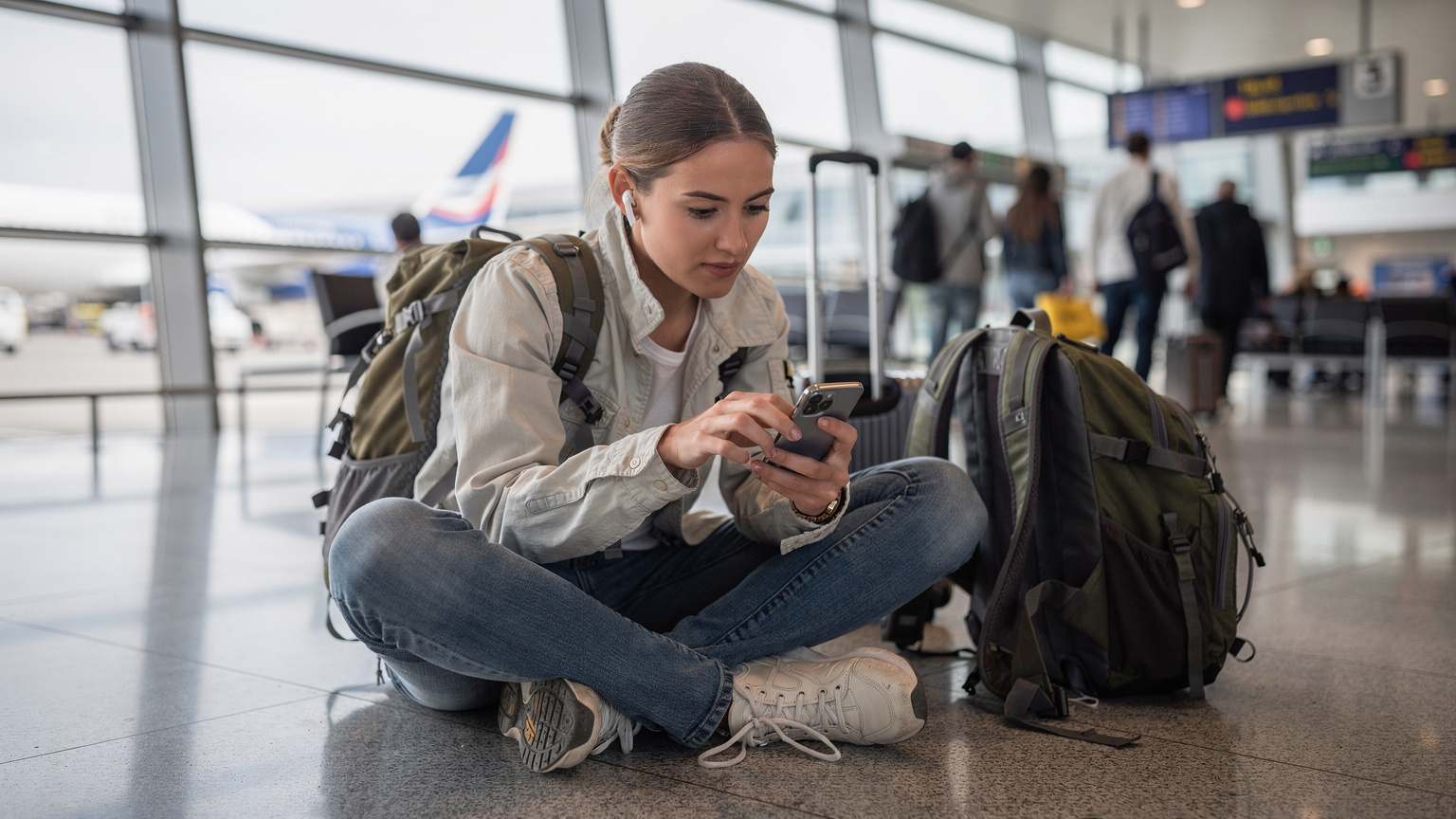 Cestovatelka s batohem na zádech si v rušném prostředí letištní haly v Berlíně aktivuje eSIM na telefonu, zatímco na pozadí čekají další cestující a prosvítají velké prosklené plochy.