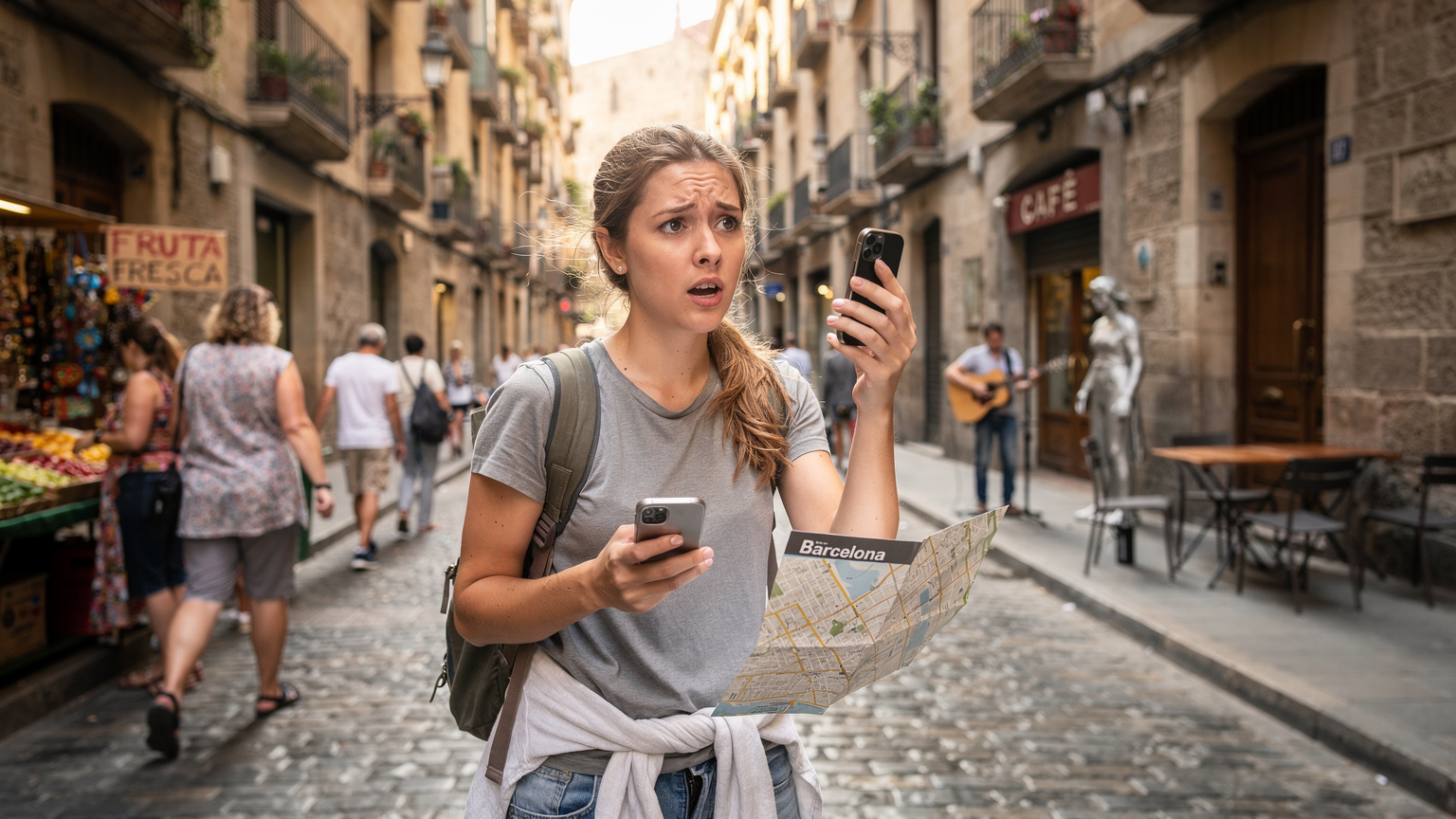 Mladá cestovatelka zmateně drží telefon a papírovou mapu, snaží se najít levnou Wi-Fi na rušné, dlážděné ulici v Barceloně, zatímco kolem ní prochází davy lidí.