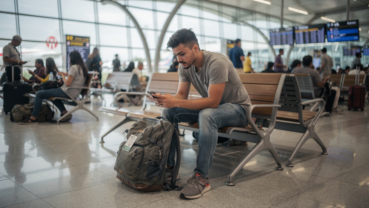 En ung mann sitter med en lett bekymret mine og ser på telefonen sin ved en travel gate på Suvarnabhumi lufthavn i Bangkok, omgitt av andre reisende og deres bagasje.