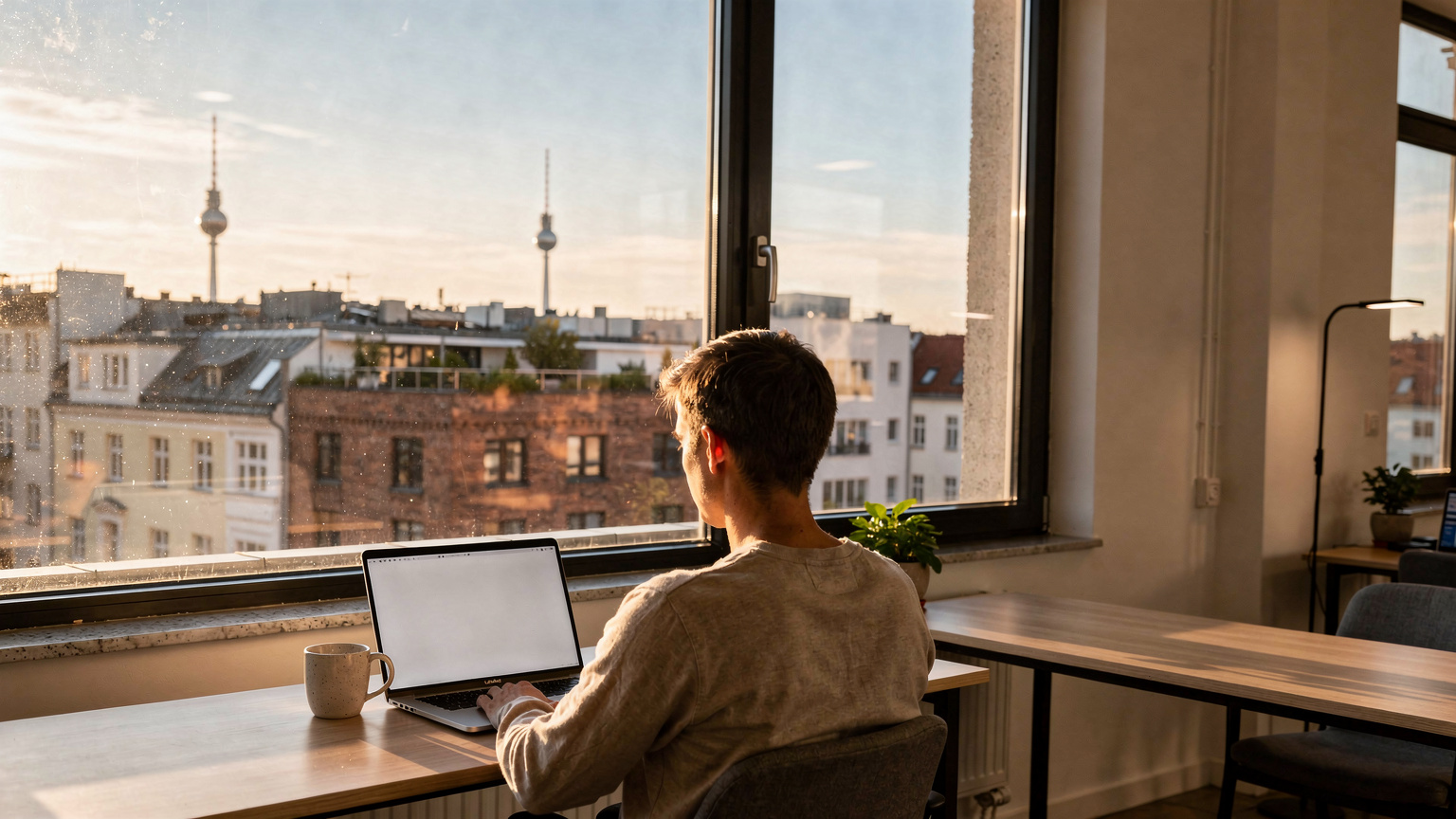 En utsikt fra et vindu i en moderne co-working space i Berlin Mitte, med en person som ser ut over byens tak og en bærbar datamaskin åpen på skrivebordet, som fanger ettermiddagssolen.