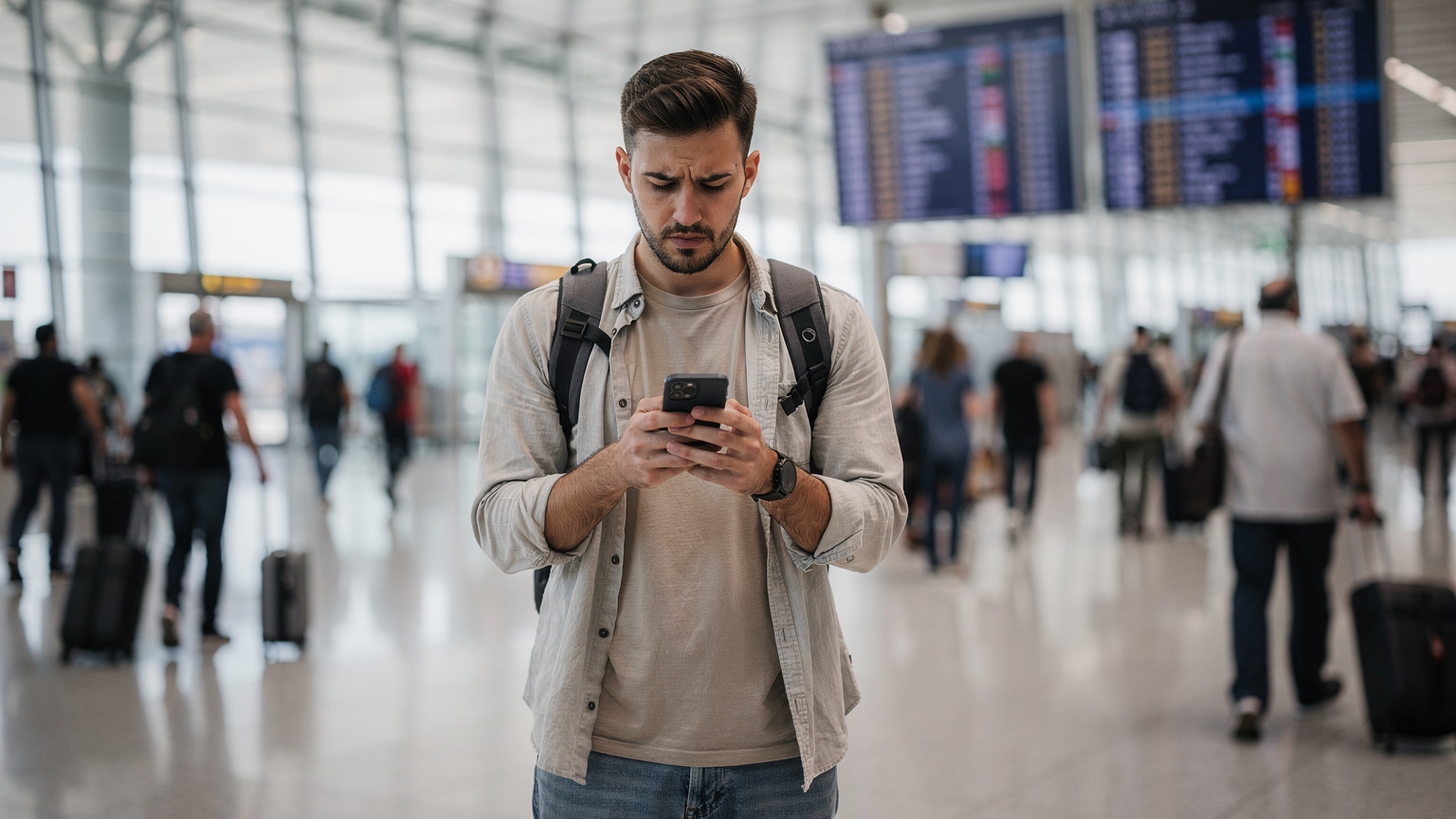 Ένας άνδρας, με ένα backpack, κοιτάζει ανήσυχος το smartphone του σε ένα πολυσύχναστο αεροδρόμιο, ψάχνοντας για σύνδεση.
