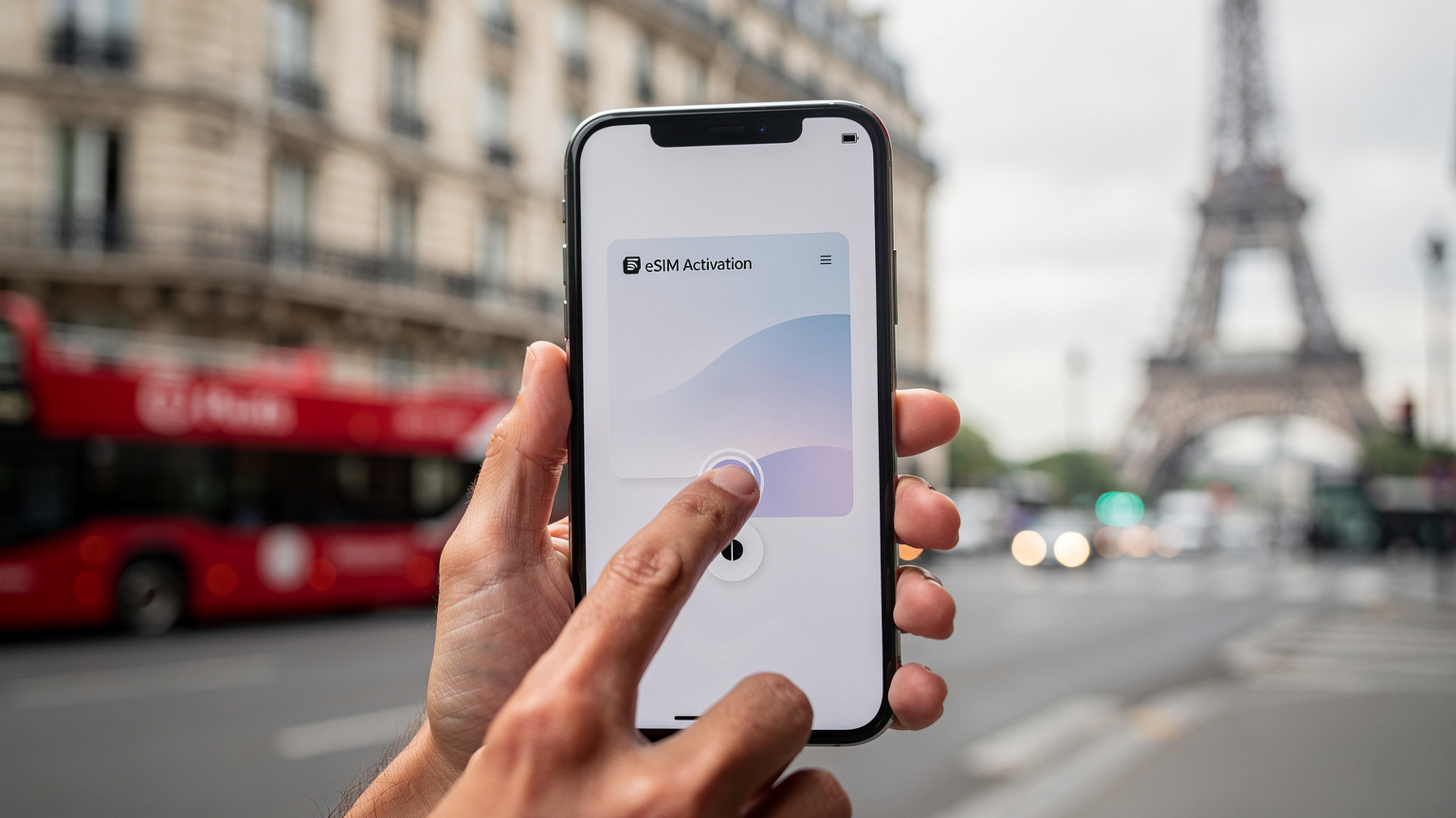 Ένα smartphone δείχνει την οθόνη με μια εφαρμογή eSIM, με ένα χέρι να πατάει «Ενεργοποίηση». Στο φόντο, θολά, φαίνεται ένα τουριστικό λεωφορείο και ο Πύργος του Άιφελ.