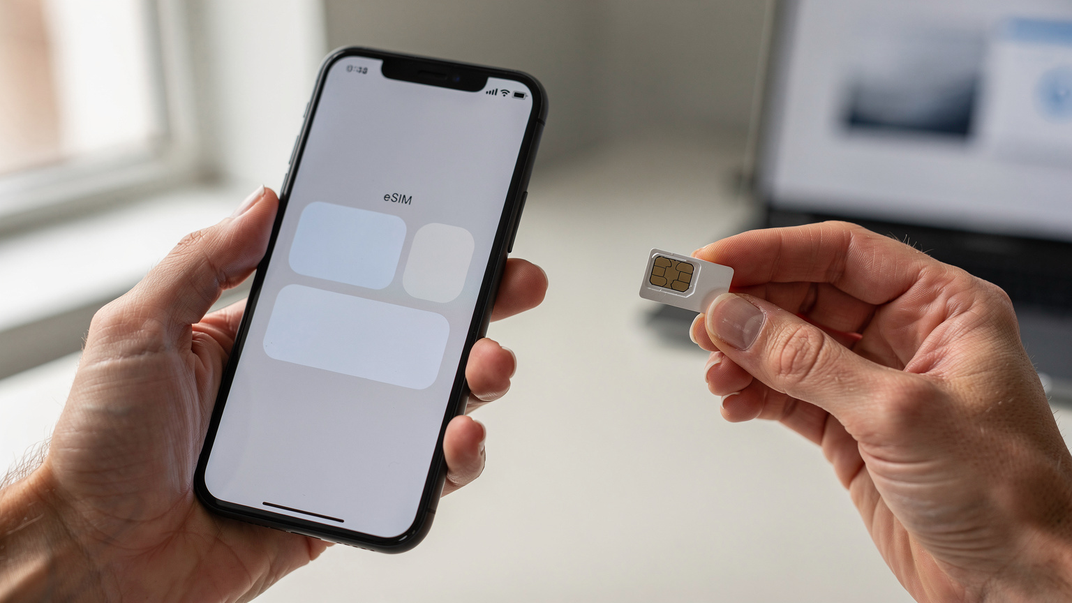 Ένα χέρι κρατά ένα smartphone με την οθόνη να δείχνει τις ρυθμίσεις eSIM, ενώ ένα άλλο χέρι κρατά μια φυσική κάρτα SIM για σύγκριση.