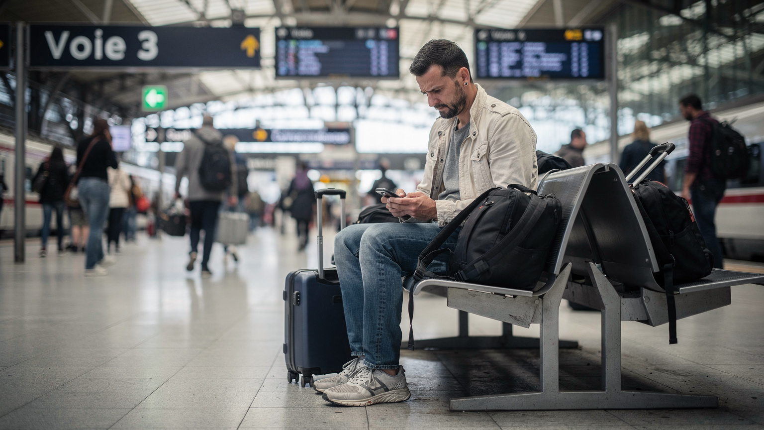Een digitale nomade zit gefrustreerd op een bankje in een drukke Franse treinhalte, kijkend naar haar telefoon met een 'geen service' melding, tassen naast haar.