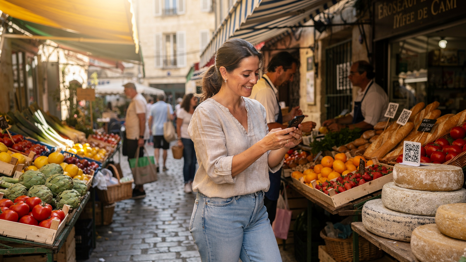 Een persoon staat in een levendige Franse markt, glimlachend terwijl ze een QR-code scant met haar telefoon om een eSIM te activeren, met verse groenten en fruit op de achtergrond.