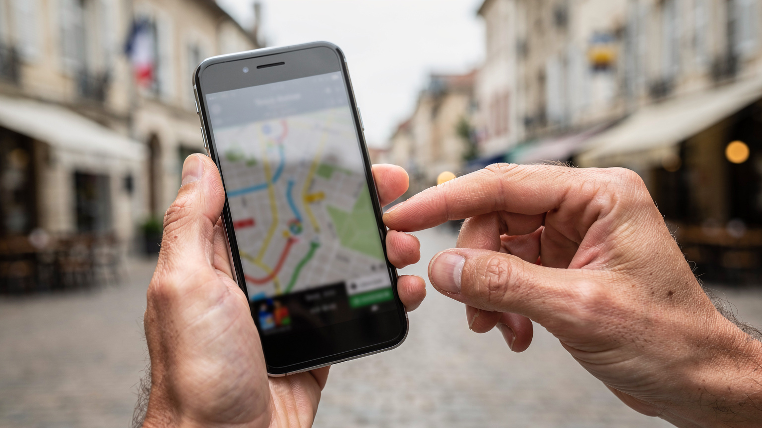 Close-up van handen die een smartphone vasthouden, waarbij de live kaartweergave van de Tour de France wordt gescrolld. De achtergrond toont een wazig uitzicht op een Franse stad.