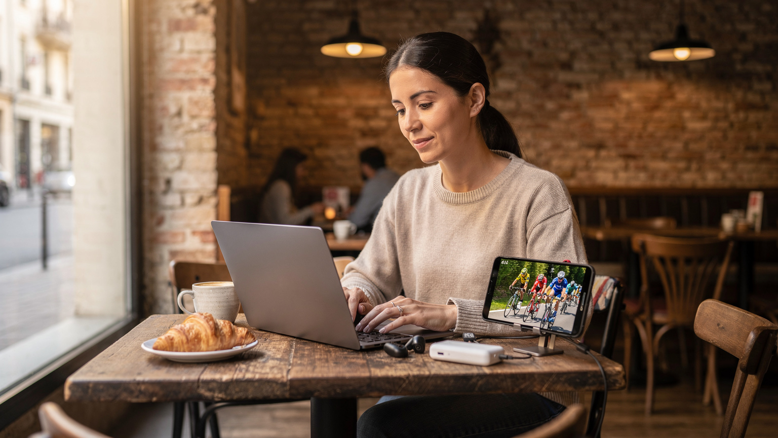 Een digitale nomade werkt op een laptop in een gezellig café in Lyon, terwijl ze live de Tour de France volgt op een smartphone die naast haar ligt, genietend van een croissant en een kop koffie.