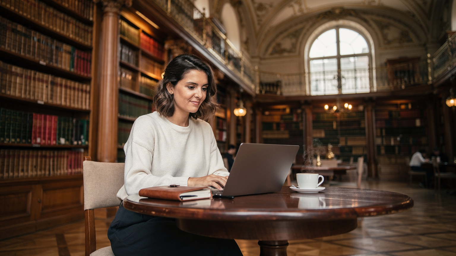 Een digitale nomade zit ontspannen in een gezellige Franse bibliotheek, met een kop koffie en een laptop voor zich, omringd door hoge boekenkasten.