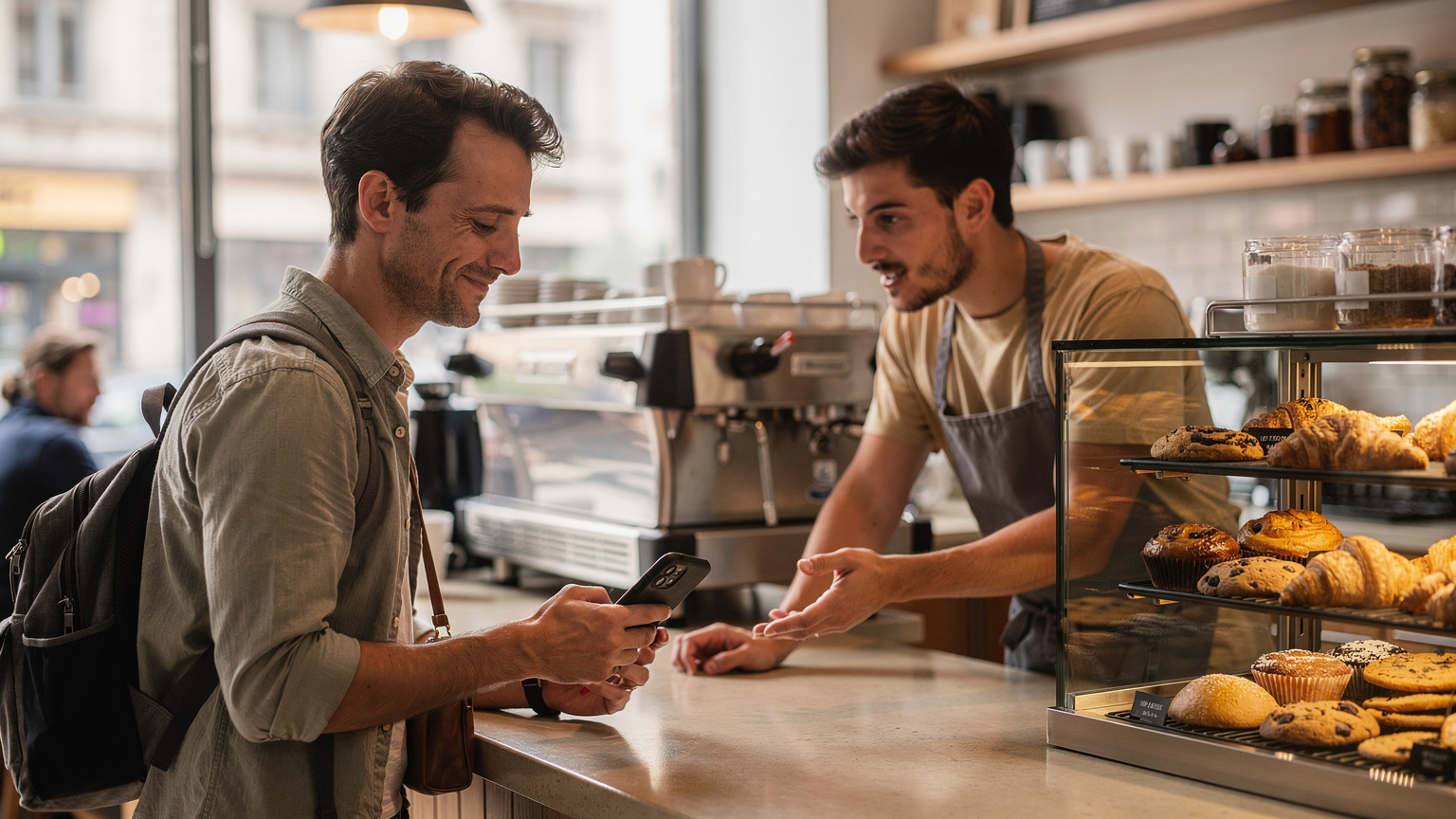 Un viaggiatore sta mostrando il proprio smartphone a un barista in una caffetteria americana, indicando forse un problema con la connessione Wi-Fi o un menu digitale. La caffetteria è luminosa e accogliente.