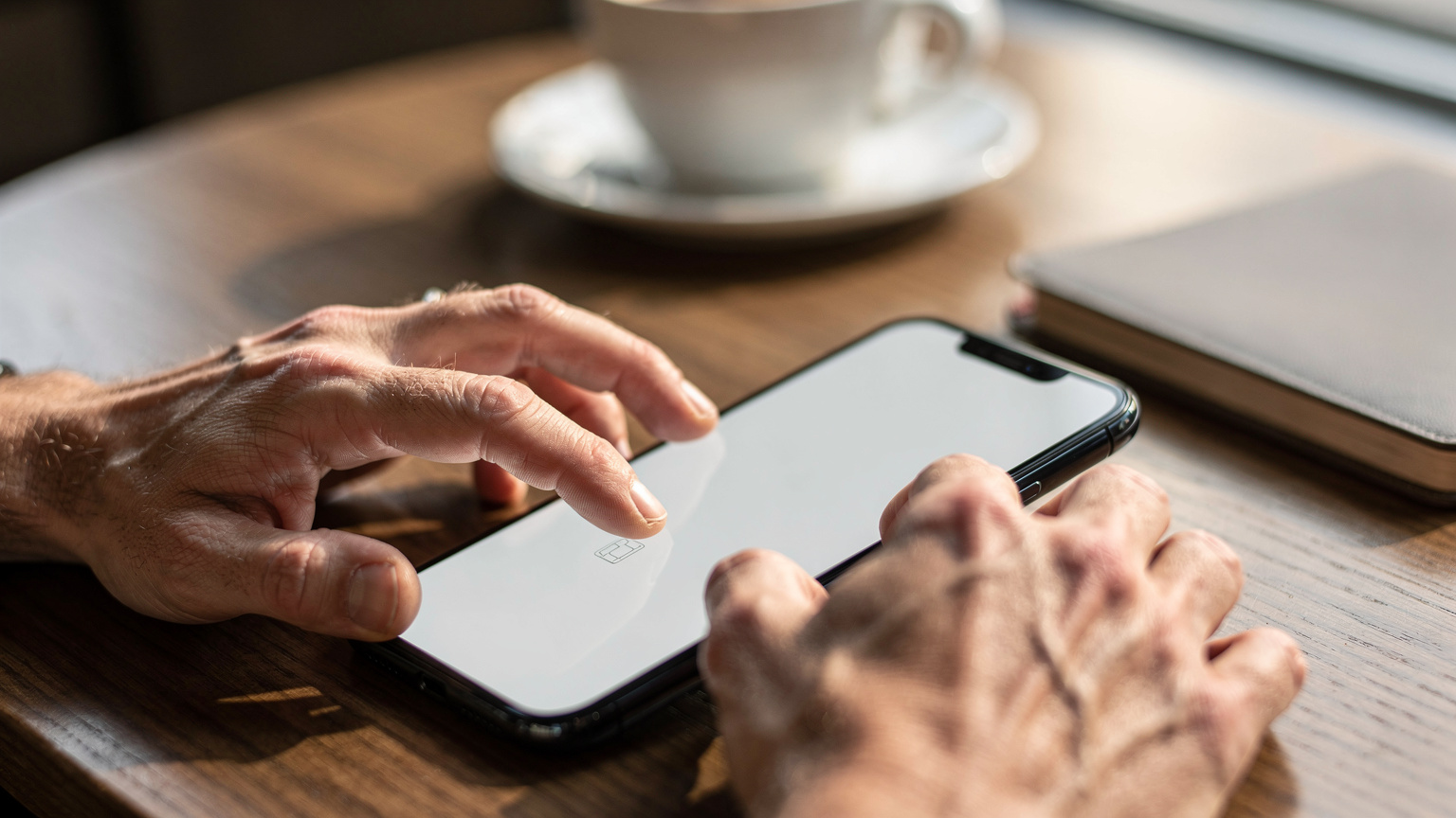 Primo piano sulle mani di una persona che sta installando una eSIM su uno smartphone, con le dita che toccano lo schermo. Lo sfondo è un tavolo da caffè con una tazza di caffè e un quaderno.