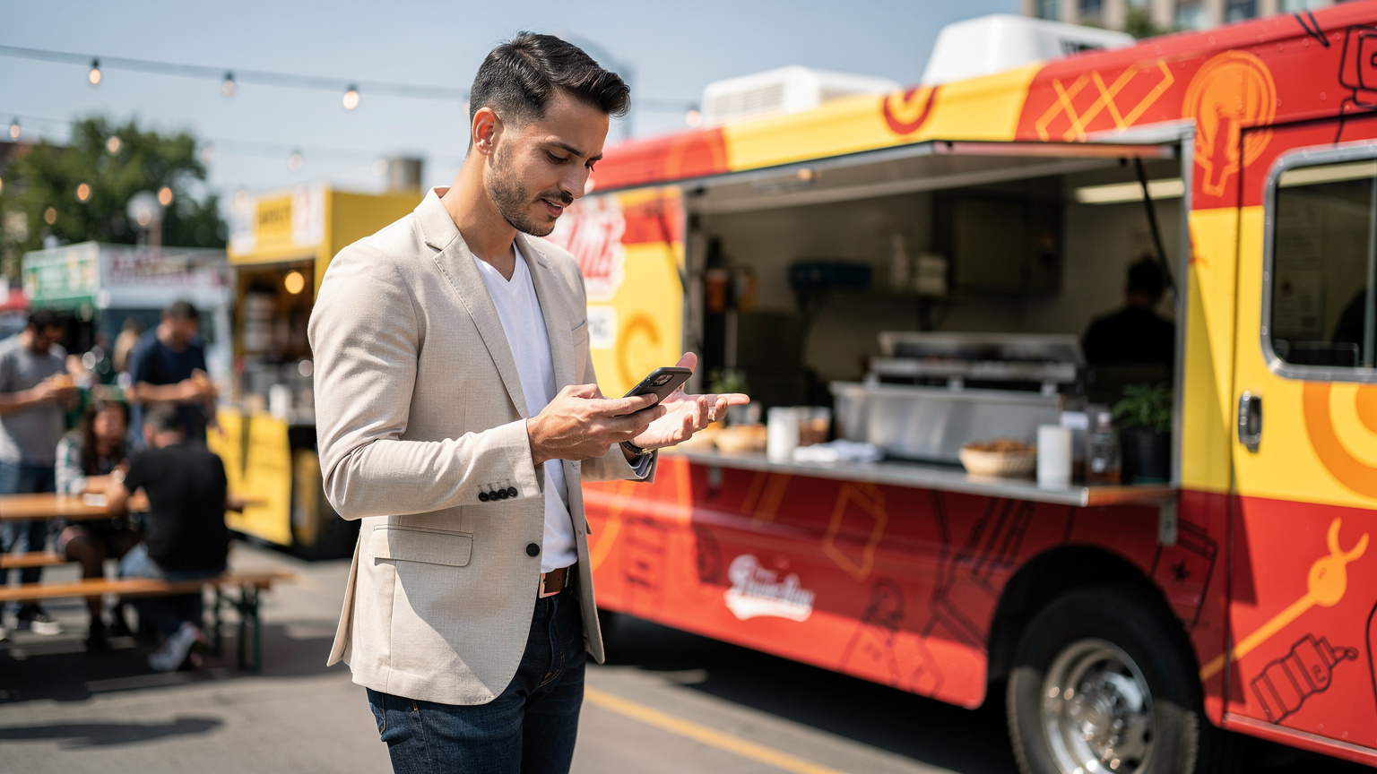 Un editore di Cellesim in piedi davanti a un chiosco di street food americano, mentre ordina usando un'app sul suo smartphone. Sullo sfondo si intravede un tipico furgone di street food con insegne colorate.