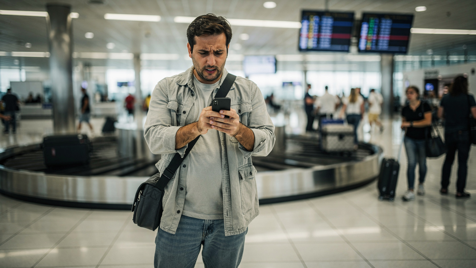 Un viaggiatore guarda il suo smartphone con un'espressione di frustrazione, mentre si trova al terminal di un aeroporto affollato, con valigie e persone che passano.