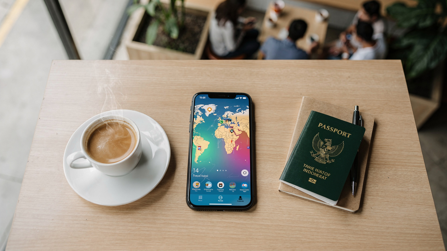 Sebuah ponsel yang menampilkan aplikasi Cellesim dengan peta dunia dan beberapa destinasi yang disorot, diletakkan di atas meja di sebuah kafe modern di Jakarta, dengan secangkir kopi dan paspor di sampingnya.