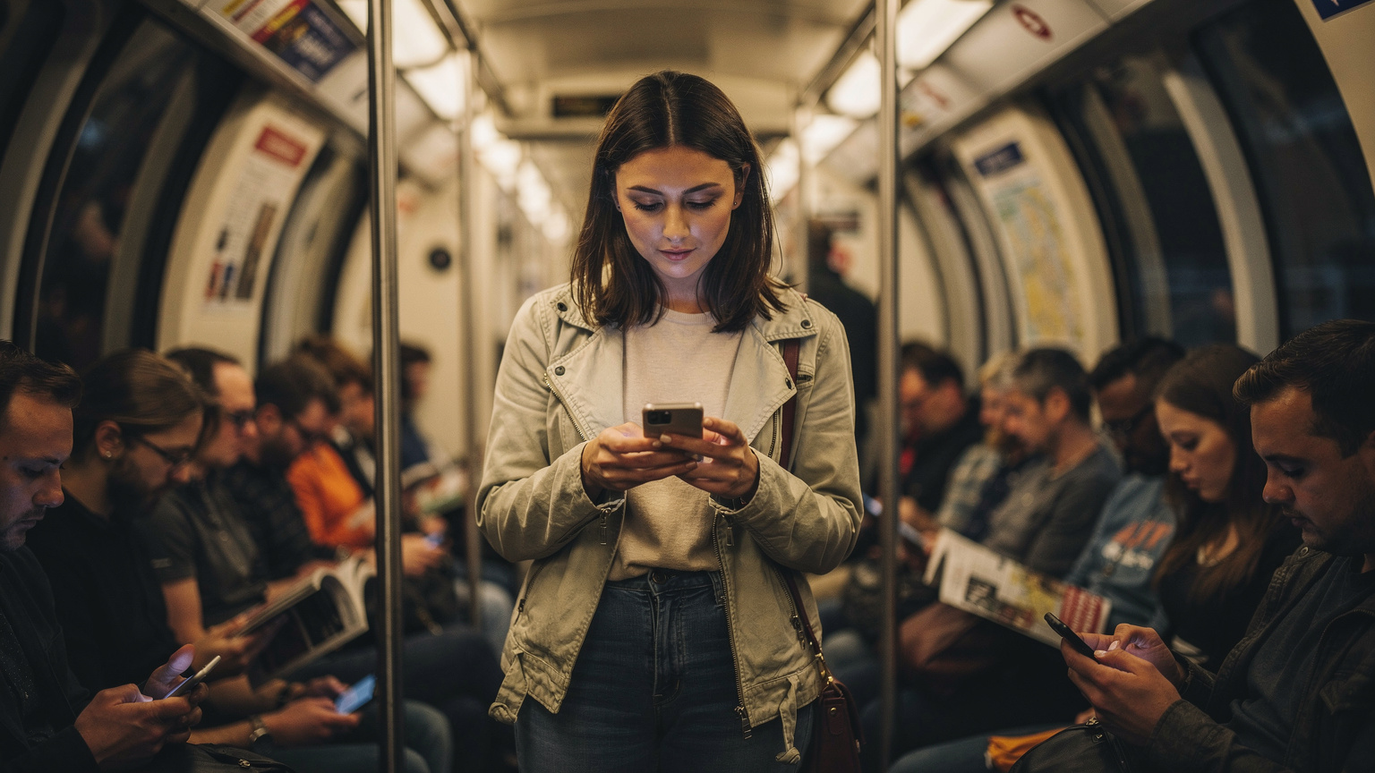 Μια γυναίκα κρατά το smartphone της, ελέγχοντας κάτι με προσοχή, ενώ βρίσκεται σε ένα πολυσύχναστο μετρό του Λονδίνου (London Underground), με φόντο άλλους επιβάτες.