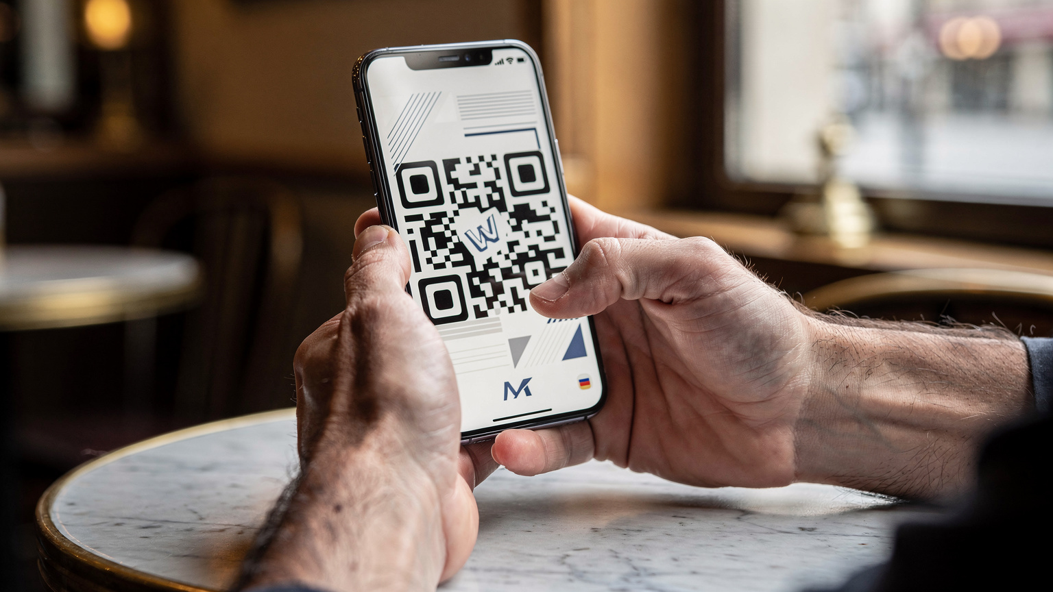 A close-up shot of human hands holding a modern smartphone, with the screen displaying a generic QR code (no readable text) for eSIM activation, set against a softly blurred background of a cozy Parisian cafe with a warm ambiance.