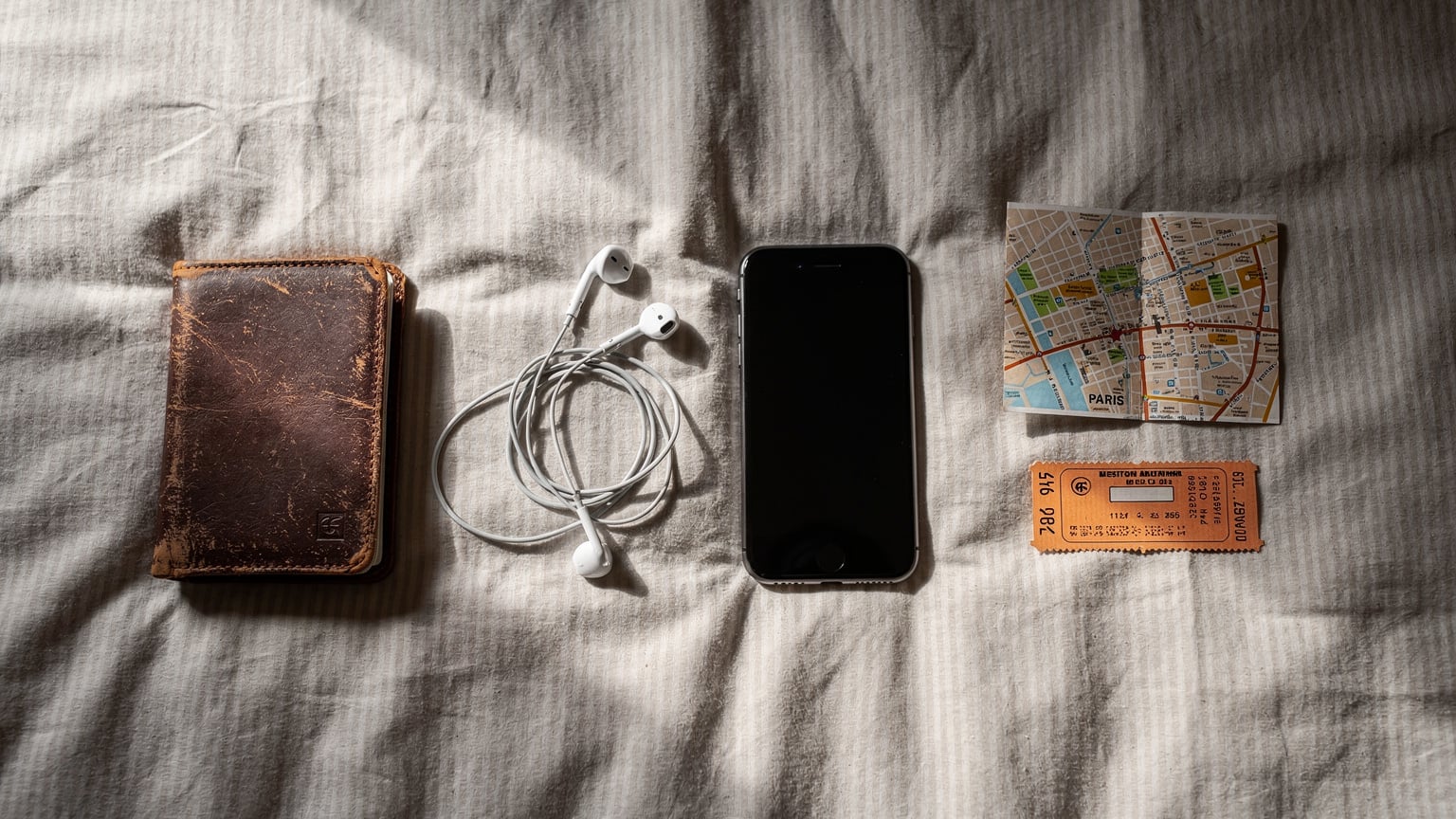 An overhead flat-lay composition of a budget traveler's essentials laid out on a simple, striped hostel bedspread: a well-worn passport, a smartphone (screen off), a small, folded paper map of Paris, a single Metro ticket, and a pair of wired earbuds.