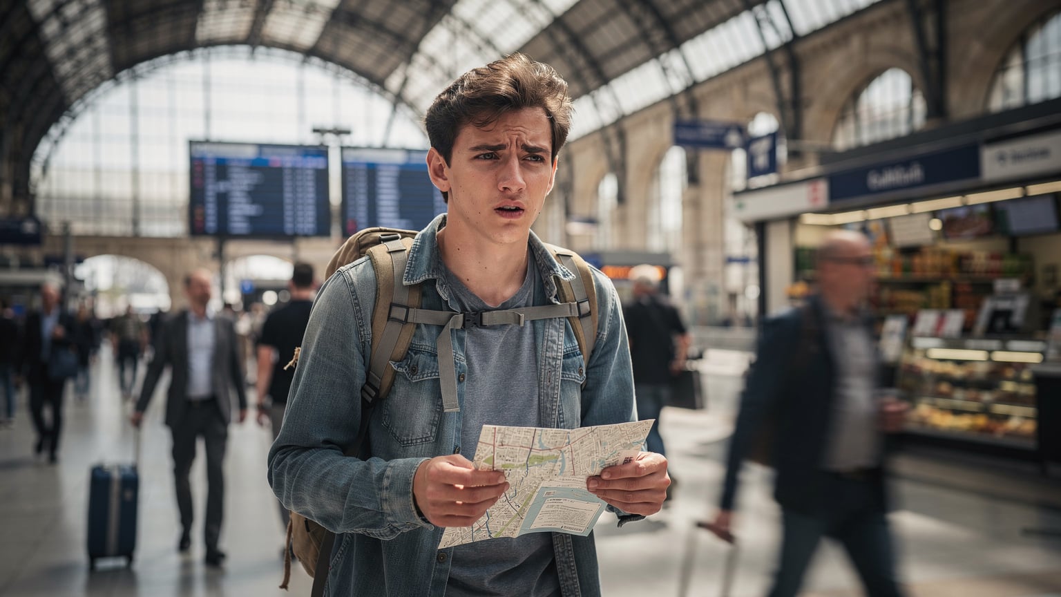 A budget traveler, mid-twenties, looking confused and slightly frustrated while trying to locate a local SIM card vendor amidst the bustling crowds and signs of a major Parisian train station like Gare du Nord, luggage at their feet.