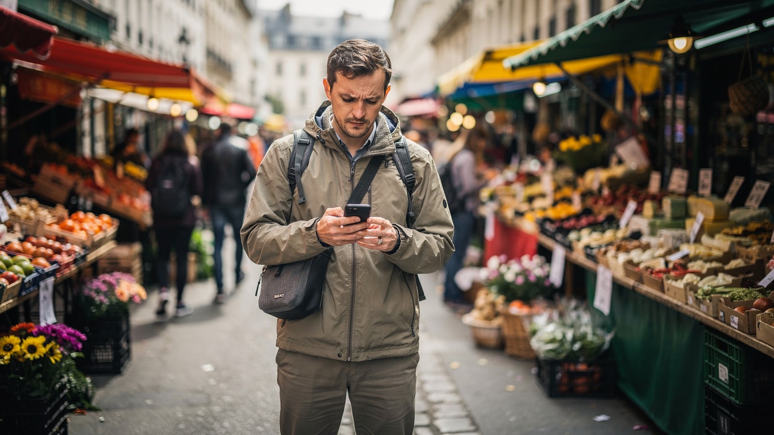 A solo traveler, mid-thirties, standing in a bustling Parisian street market in Le Marais, looking down at their phone with a concerned expression, perhaps having received a low data warning or lost connection, surrounded by vibrant market stalls.