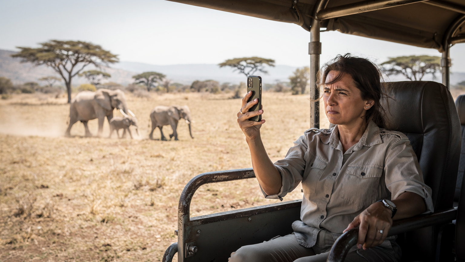 En kvinde sidder i en safaribil og checker sin smartphone for signal, mens en flok elefanter passerer forbi i baggrunden i en tør savanne.