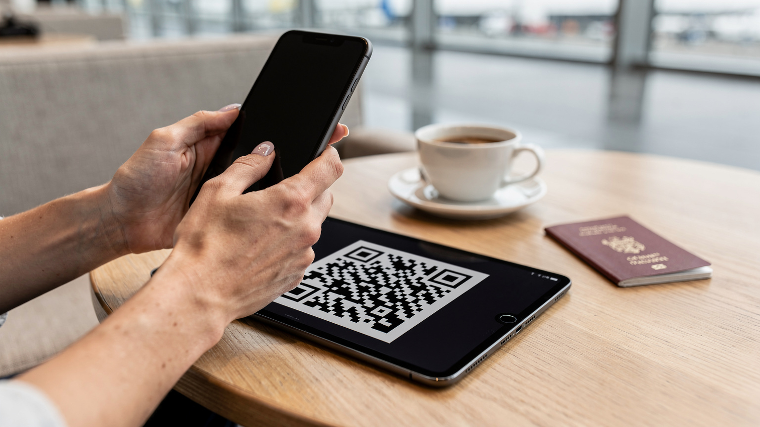 Nærbillede af hænder, der holder en smartphone og scanner en QR-kode fra en iPad for at aktivere et eSIM, med en kaffekop og en pas på bordet i baggrunden.