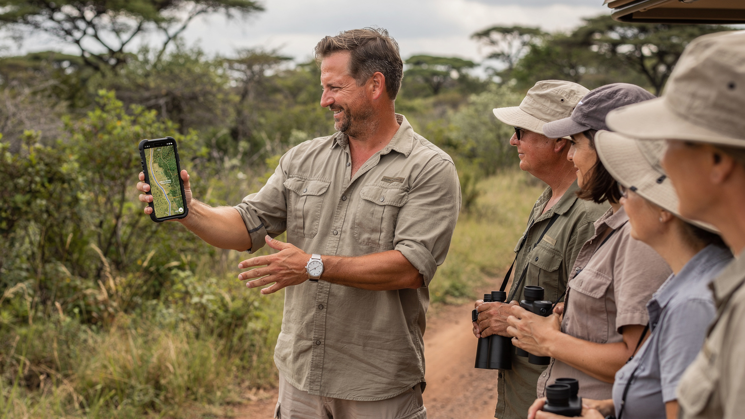 En guide med en khaki-skjorte holder en smartphone og viser en gruppe turister et detaljeret digitalt kort over Kruger Nationalpark på skærmen, midt i et frodigt, grønt landskab.