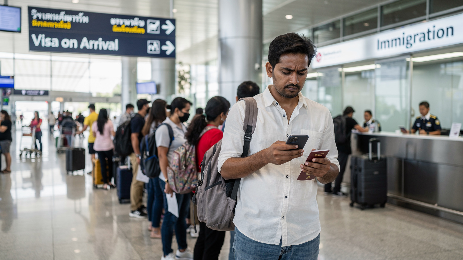 एक भारतीय यात्री बैंकॉक के सुवर्णभूमि एयरपोर्ट पर वीज़ा ऑन अराइवल काउंटर के पास इंतज़ार कर रहा है, अपने फोन पर eSIM से जानकारी देख रहा है, उसके चेहरे पर थोड़ी चिंता है।