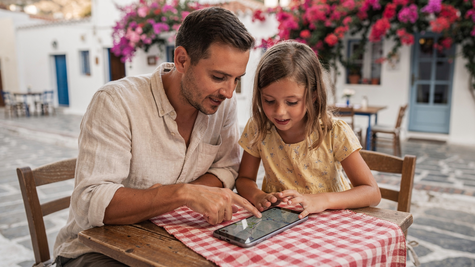 Une famille en Grèce naviguant sur les cartes hors ligne pour trouver un restaurant, montrant l'importance de la planification et de la connectivité.
