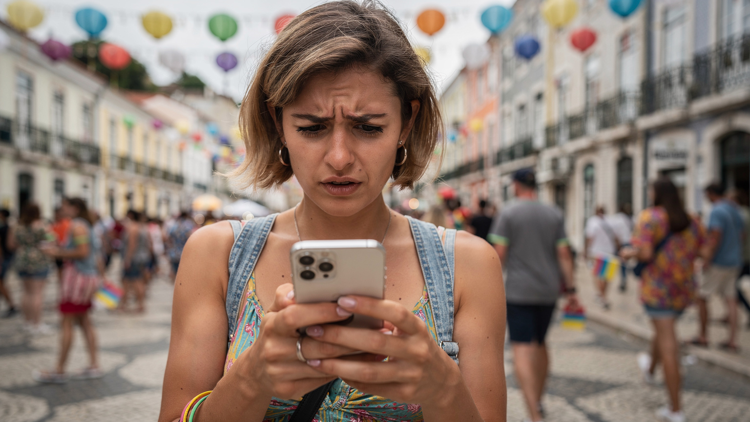 Uma mulher jovem com um olhar de frustração enquanto tenta usar o telemóvel num local com muita gente, sinalizando a dificuldade de conexão durante um grande evento.
