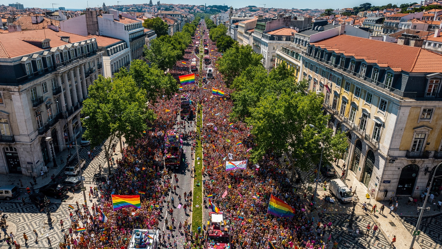 Uma vista aérea da vibrante Parada do Orgulho em Lisboa, com uma multidão colorida a preencher a avenida, mostrando a escala do evento e o desafio para as redes de comunicação.