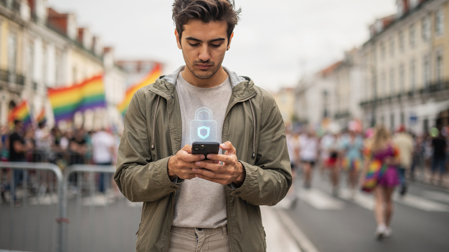 Uma pessoa atenta a um smartphone com um cadeado virtual no ecrã, simbolizando a segurança da conexão, enquanto o Arraial Pride acontece ao fundo, em Lisboa.