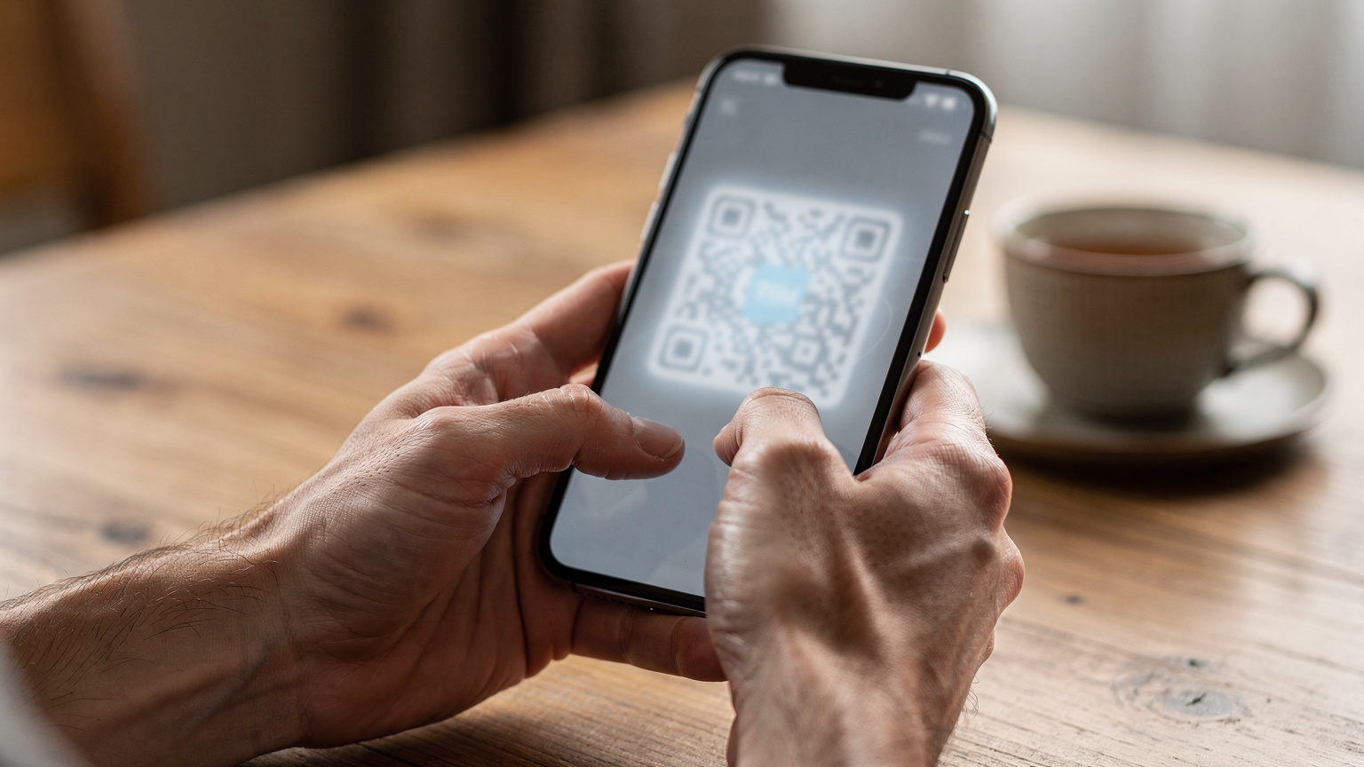 Зблизька, руки тримають смартфон, на екрані якого відображається QR-код для активації eSIM, на тлі розмитого домашнього інтер'єру, що символізує підготовку до поїздки.