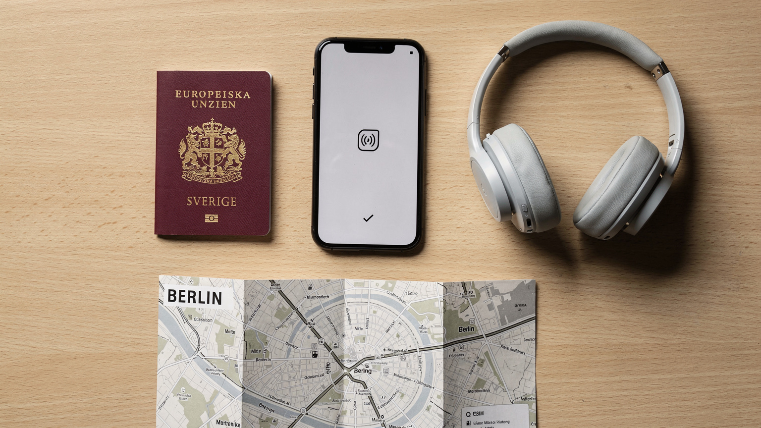 Ett stilrent flat-lay foto av en resenärs tillhörigheter: ett svenskt pass, en smartphone med ett eSIM-aktiveringsmeddelande, trådlösa hörlurar och en fysisk karta över Berlin, allt arrangerat på en träyta.