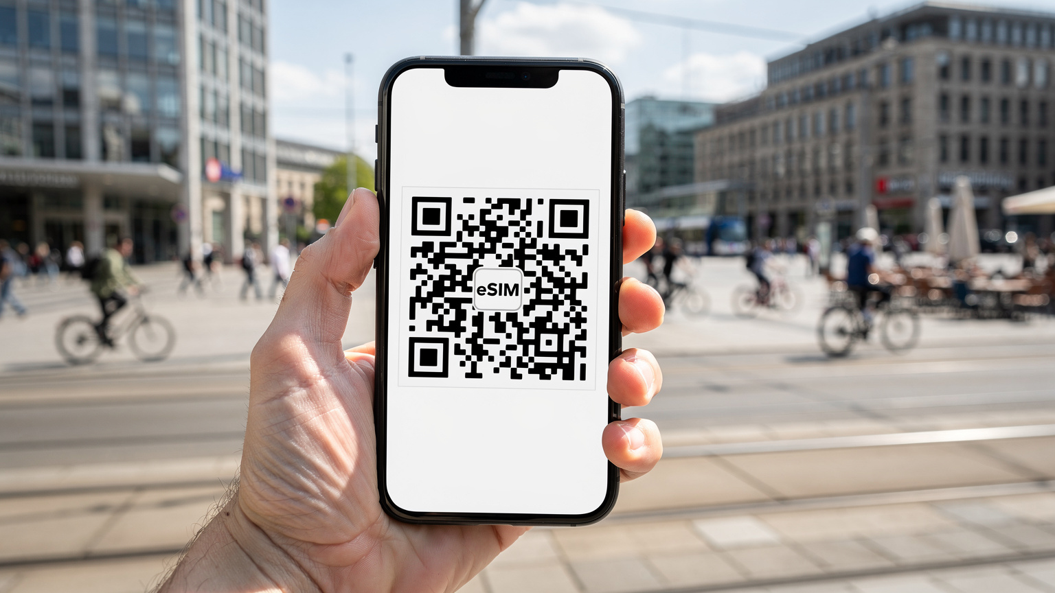 En närbild av en hand som håller en smartphone med en QR-kod för eSIM-aktivering på skärmen, mot en oskarp bakgrund av ett livligt torg i Berlin.