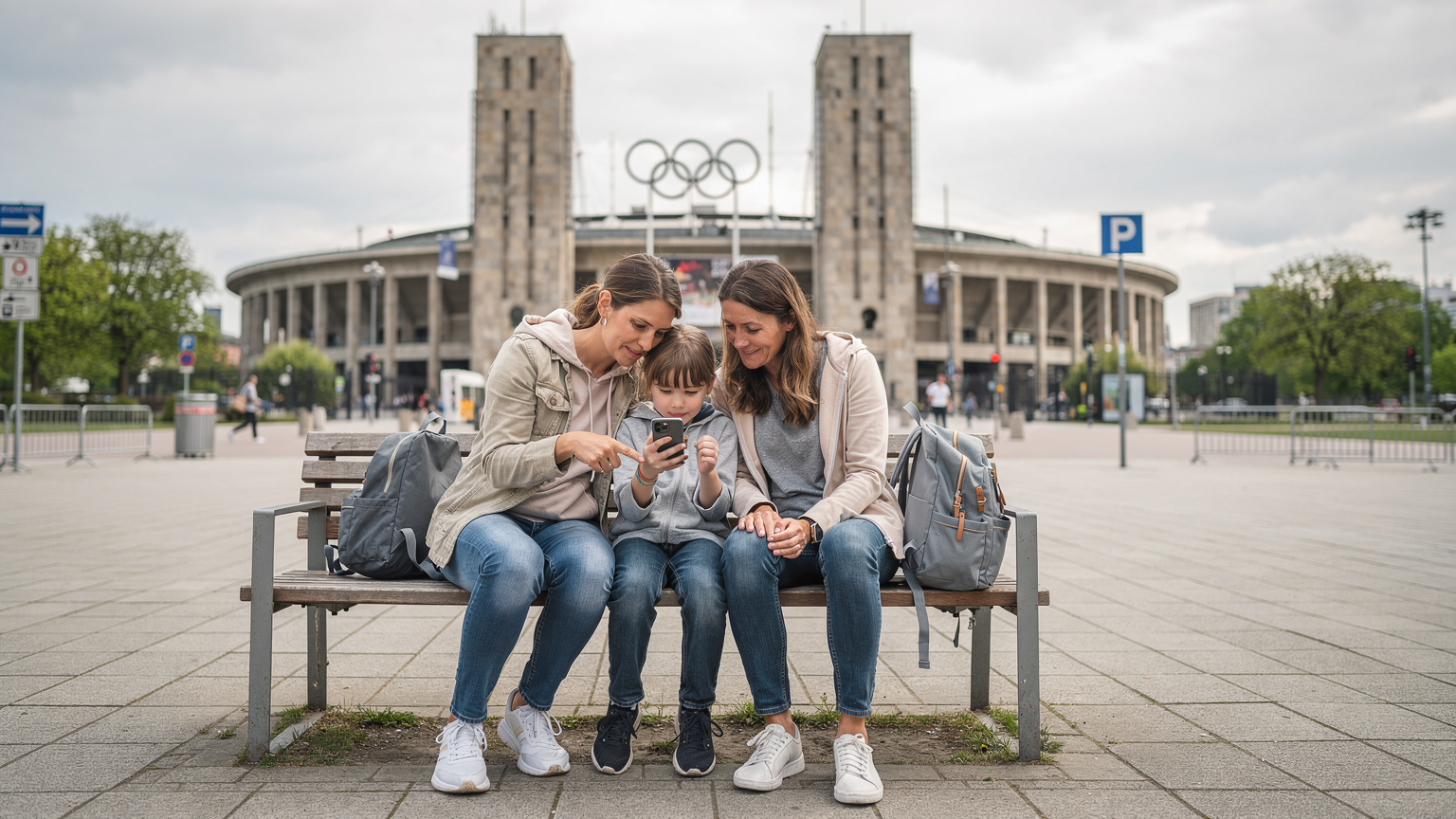 En familj sitter på en bänk vid Berlins Olympiastadion och navigerar en karta på en smartphone, barnen tittar nyfiket på skärmen som föräldern visar.