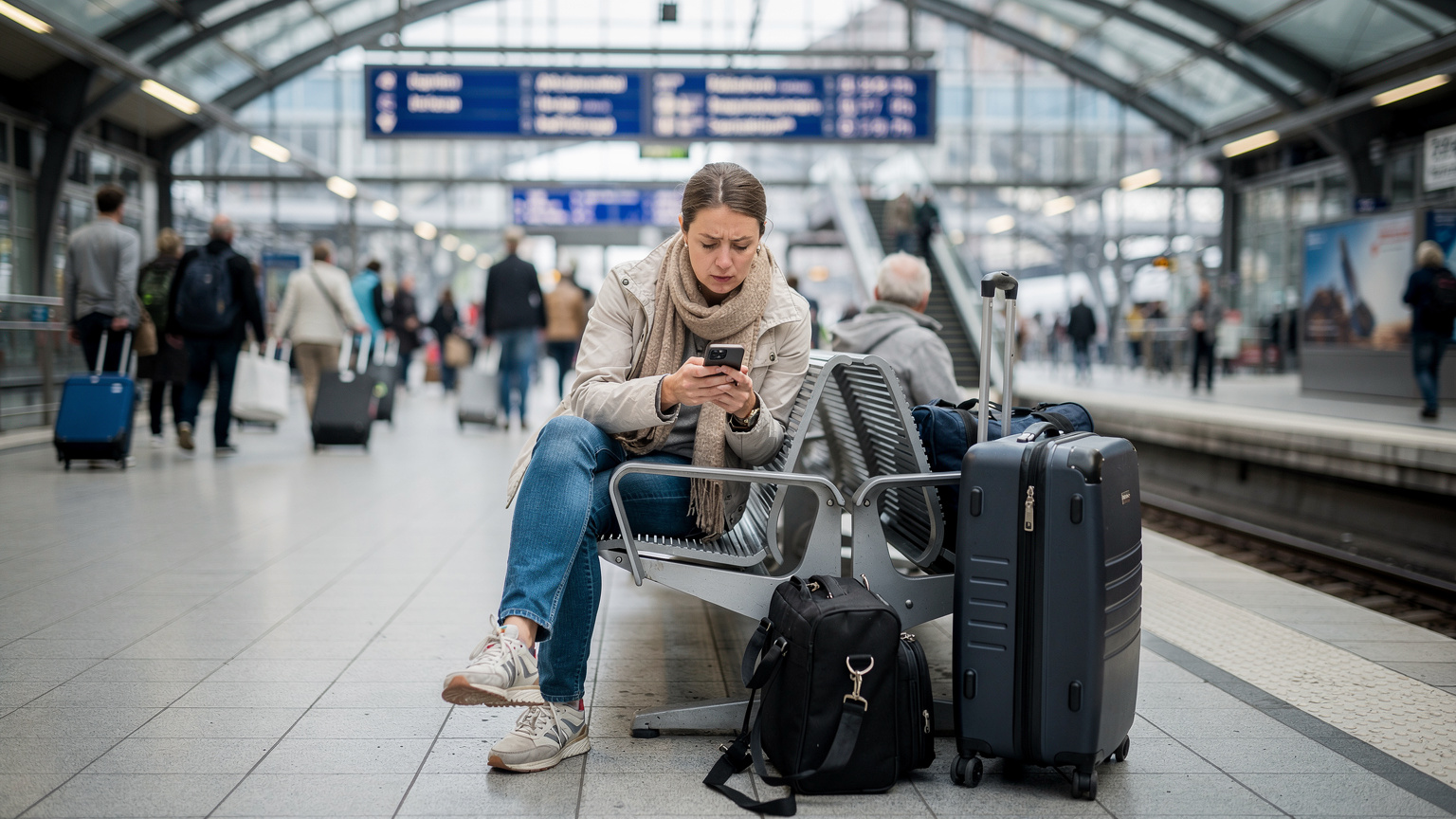 En kvinna sitter på en bänk på en tågstation i Berlin och ser bekymrad ut medan hon tittar på sin smartphone. Resväskor står bredvid henne och en folksamling syns i bakgrunden.