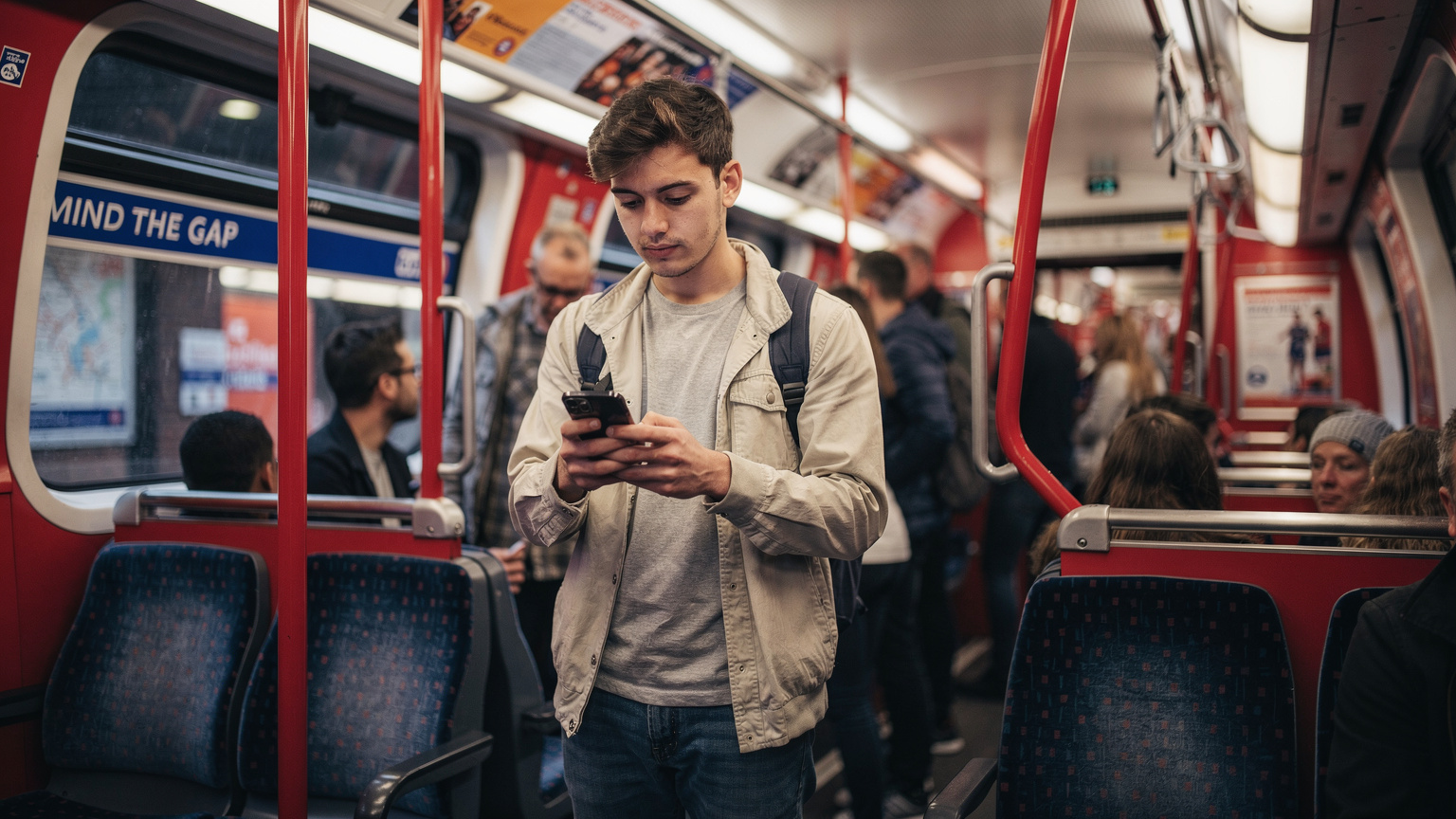 Londra Metrosu'nun Piccadilly Line'ında, yoğun saatlerde telefonda harita kontrol eden bir taraftar, arka planda ikonik kırmızı metro vagonları ve 'Mind the Gap' uyarısı dikkat çekiyor.
