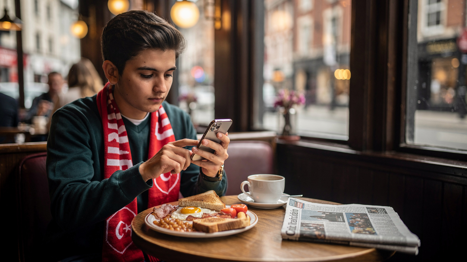 Londra'daki geleneksel bir kafede, kahvesini yudumlayan bir Türk taraftar, telefonunda Cellesim uygulamasını kullanarak eSIM kurulumunu tamamlıyor. Masada İngiliz kahvaltısı ve yerel gazeteler var.