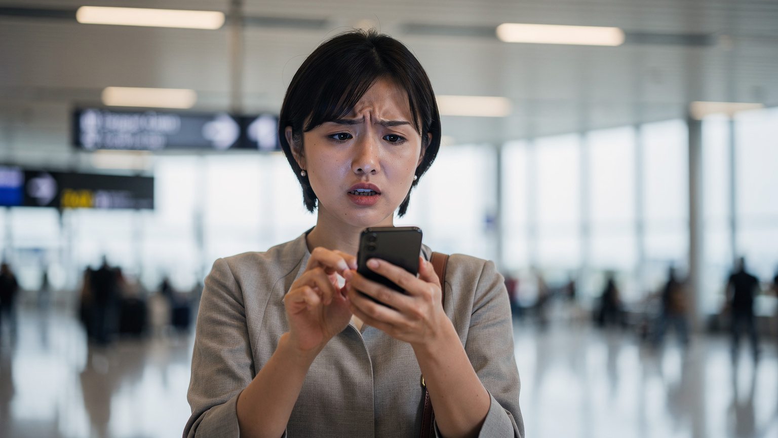 日本の女性旅行者が、空港の到着ロビーでスマートフォンがインターネットに繋がらず困惑している様子。