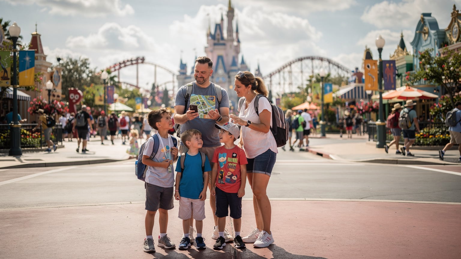 A family navigating a bustling theme park, looking at a map on a phone, with iconic rides visible in the background, showing the need for reliable data.