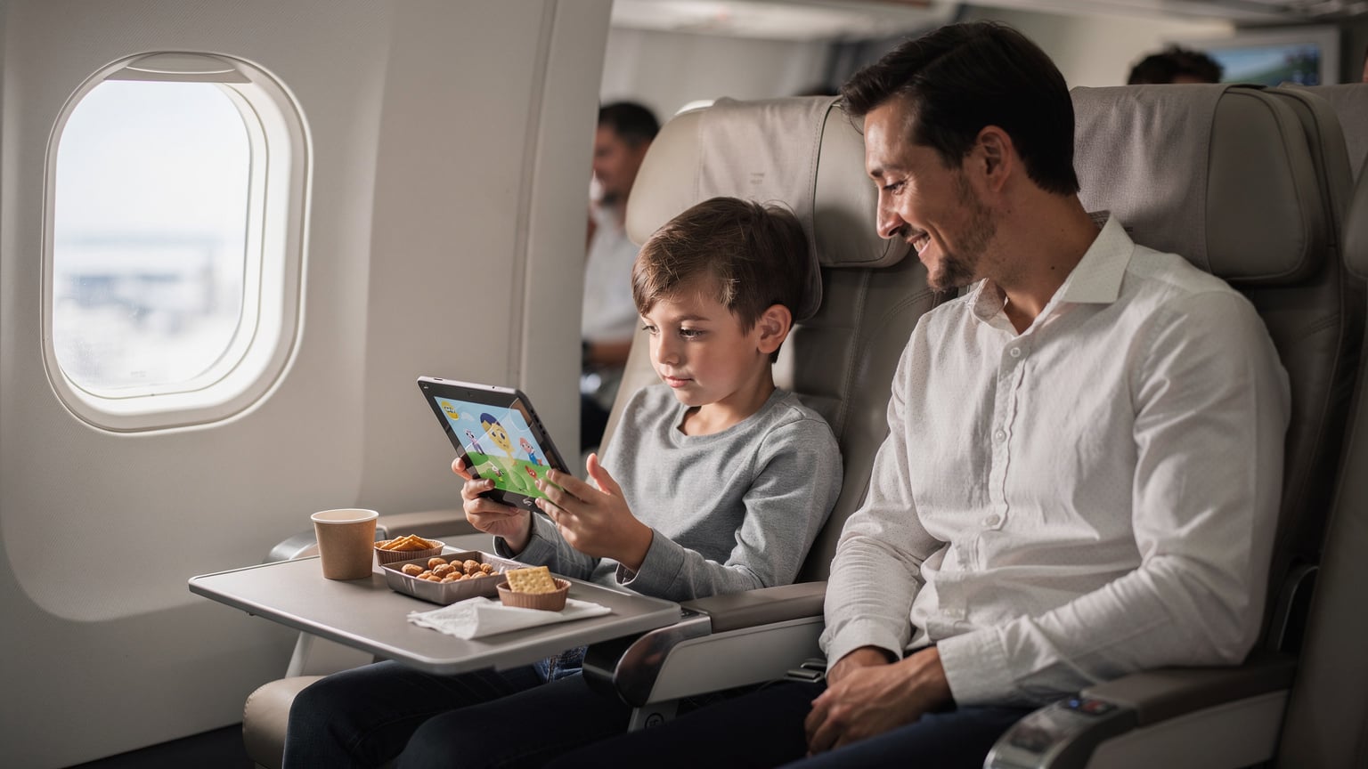 A child engrossed in a tablet on an airplane, while a parent looks on with a calm, reassuring expression, highlighting the importance of pre-loaded entertainment.