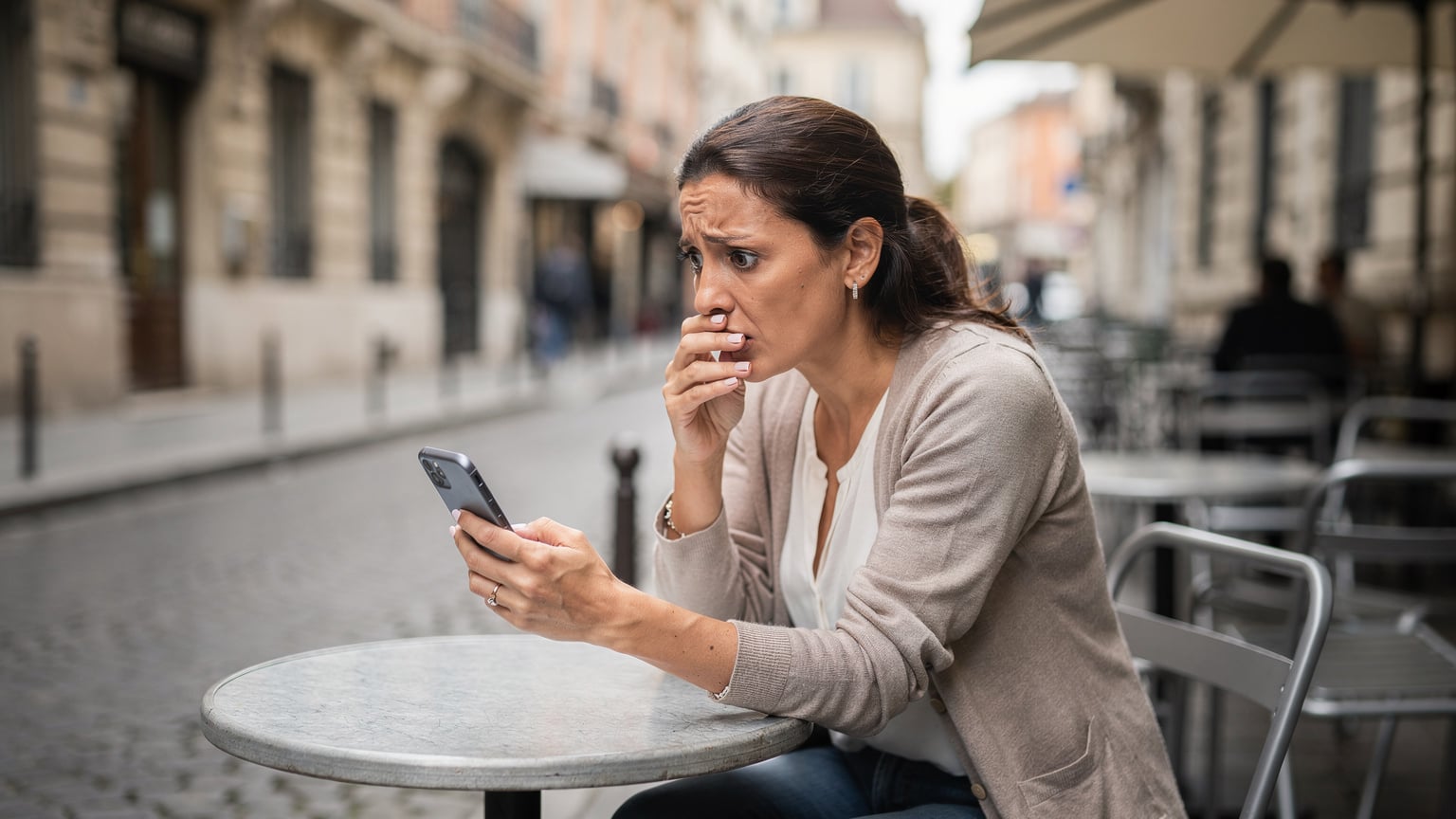 A concerned parent looking at their phone screen with a shock expression, representing the moment of receiving an unexpectedly high roaming bill.