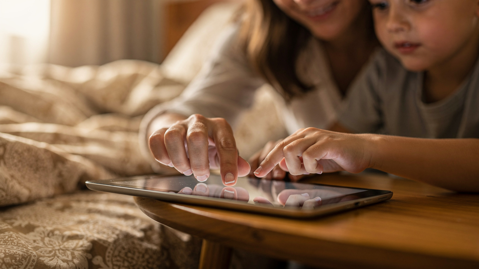 A parent's hands gently guiding a child's finger on a tablet screen, demonstrating co-viewing or setting up parental controls on a device during a trip.