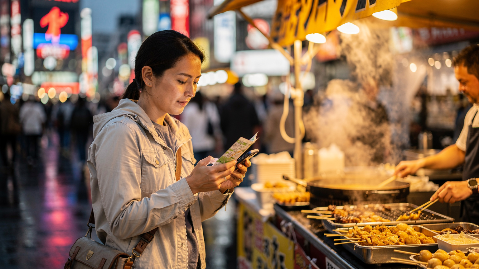 Osaka'nın Dotonbori bölgesinde, bir sokak yemeği tezgahının önünde akıllı telefonundaki haritayı kontrol eden bir kadın gezgin.