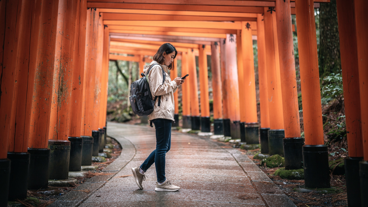 Kyoto'daki Fushimi Inari Tapınağı'nın kırmızı torii kapıları arasından geçen ve telefonuna bakan bir gezgin.