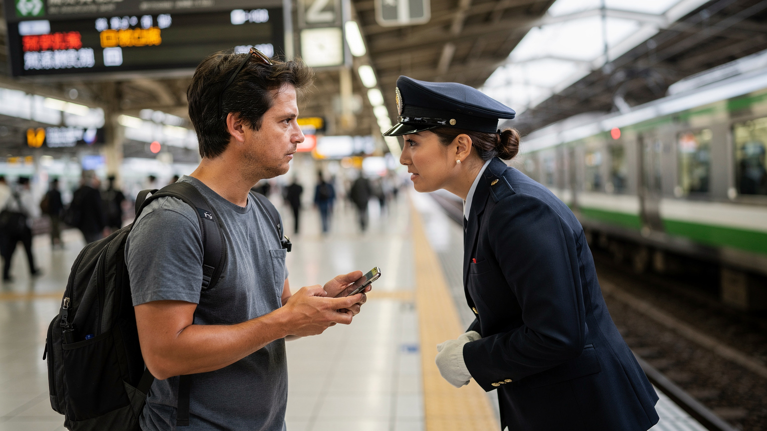 Bir Japon tren istasyonunda, akıllı telefonundaki çeviri uygulamasını kullanarak bir görevliyle konuşmaya çalışan turist.