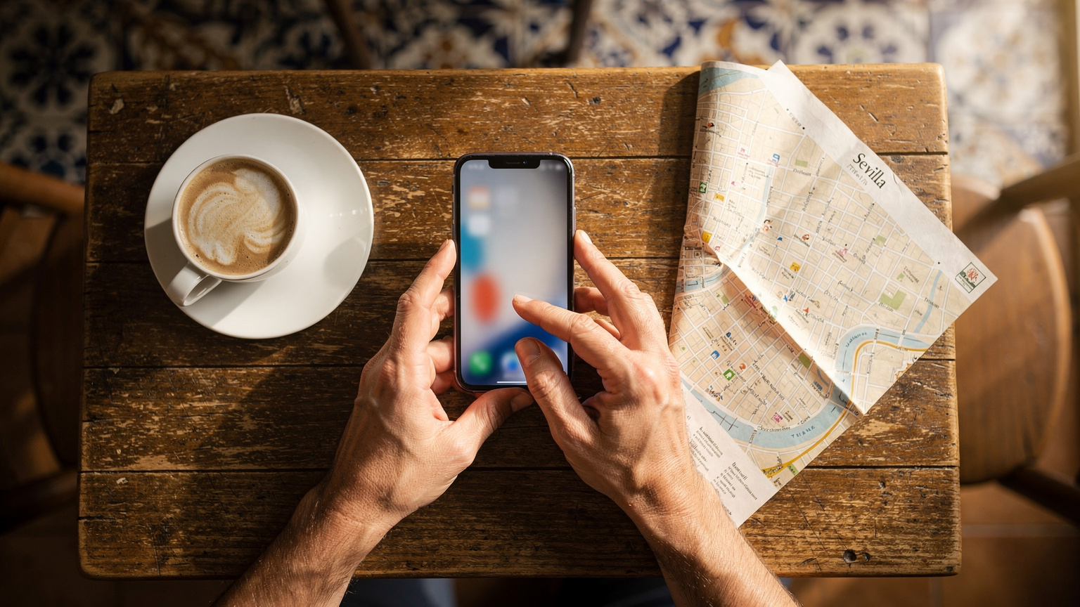 Un viajero consulta su móvil en la mesa de un café en el barrio de Triana, Sevilla, con una taza de café y un mapa turístico a su lado, planificando la ruta del día.