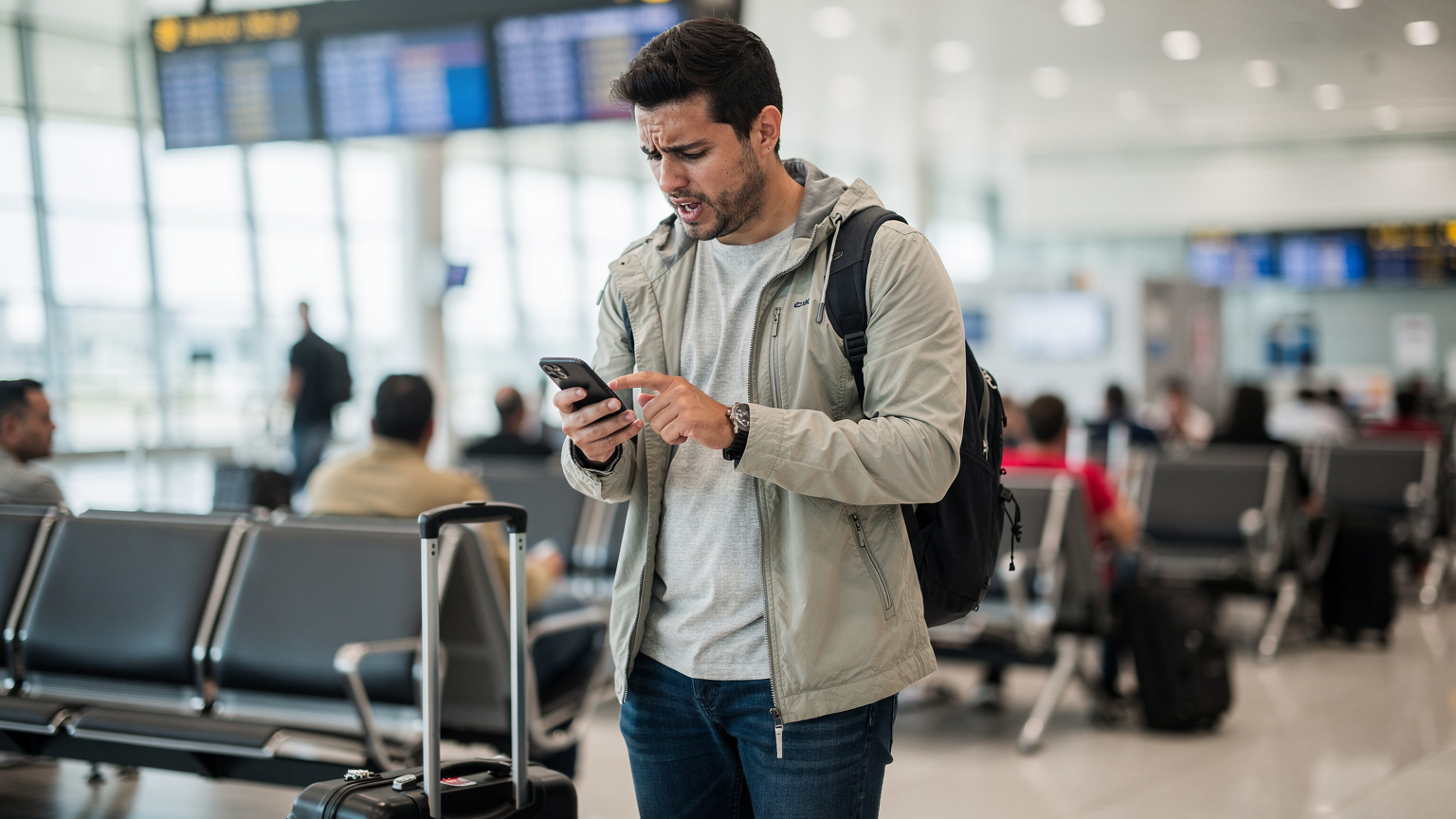 Un viajero en el Aeropuerto de Palma de Mallorca, revisando su móvil con una expresión de frustración, posiblemente lidiando con problemas de conectividad tras aterrizar.