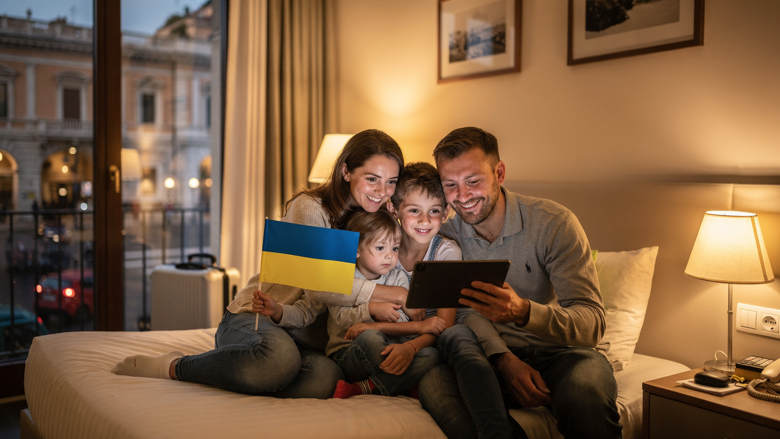 Родина святкує День Державності України за кордоном, роблячи відеодзвінок родичам. Мати тримає планшет, діти поруч. Сцена відображає радість та єднання.