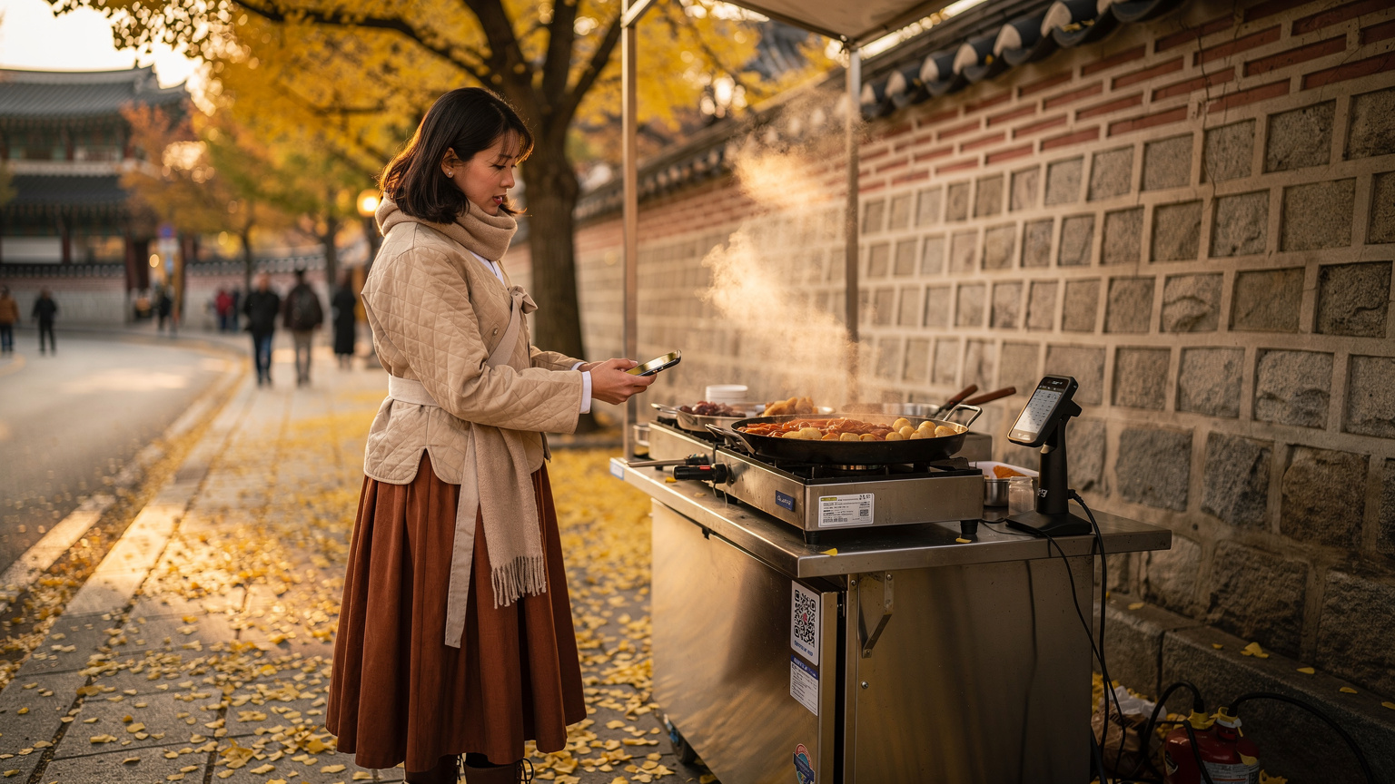 一名韩国当地居民在首尔德寿宫石墙路上, 穿着秋季传统服饰, 正在用手机支付购买街头小吃。